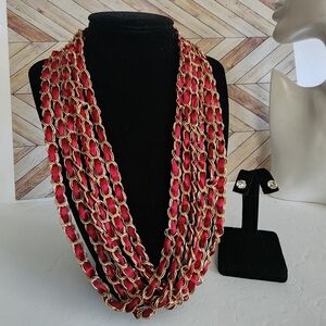 Multi Strand Gold Chain with Red Satin Ribbon Necklace Earrings Set New